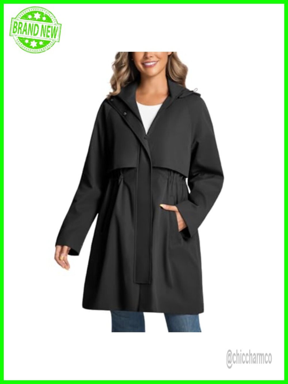 Women's Water Resistant Trench Coat Detachable Hood Drawstring Waist